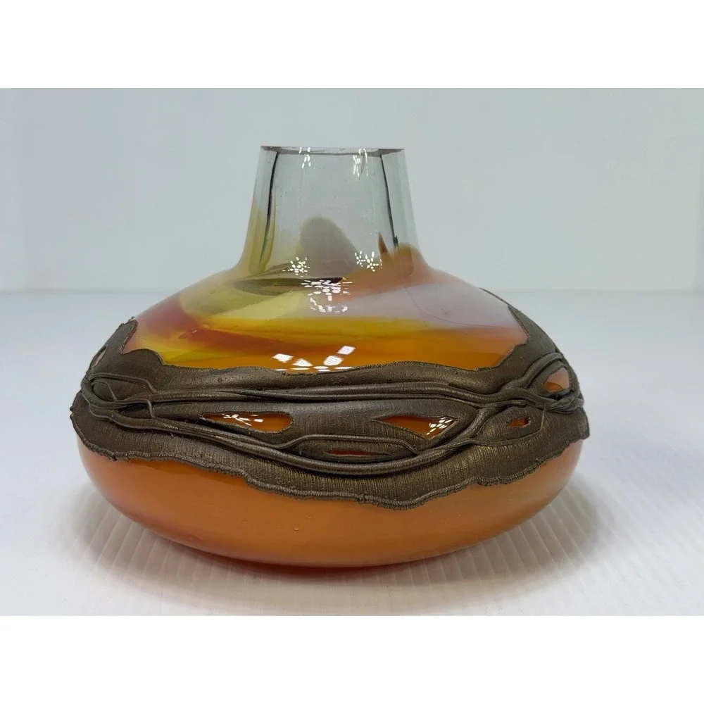 Hand Blown Art Glass Vase Decorative Copper Coated Metal Ring Embedded Orange